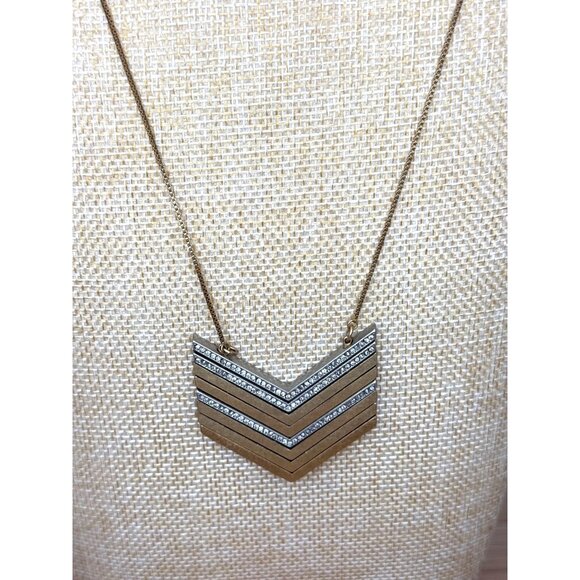 Madewell Chevron Pendant Long Necklace Gold & Silver-Tone Mixed Metal With Rhine - Picture 1 of 12